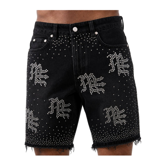 Mixed Emotion "ME" Rhinestone Denim Short — Black