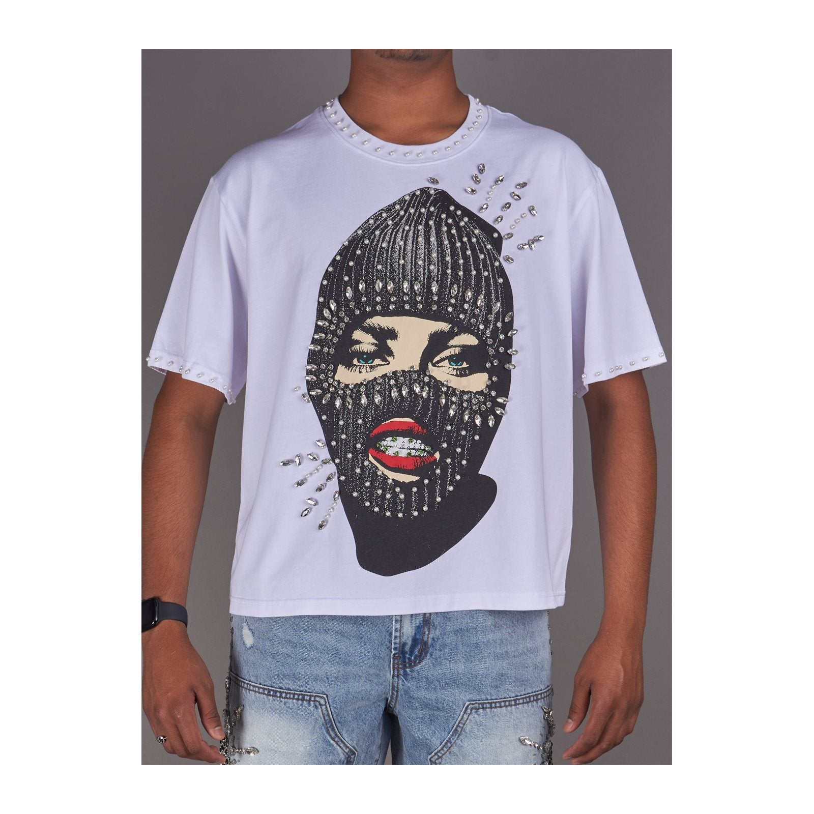 politics lew rhinestone ski mask tee white