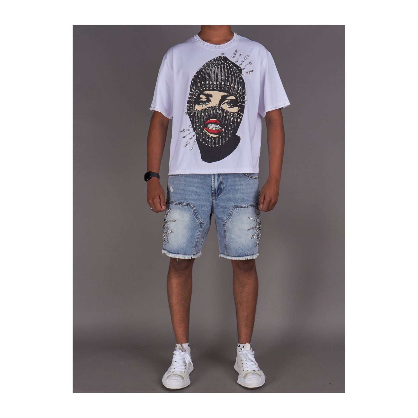 politics lew rhinestone ski mask tee white