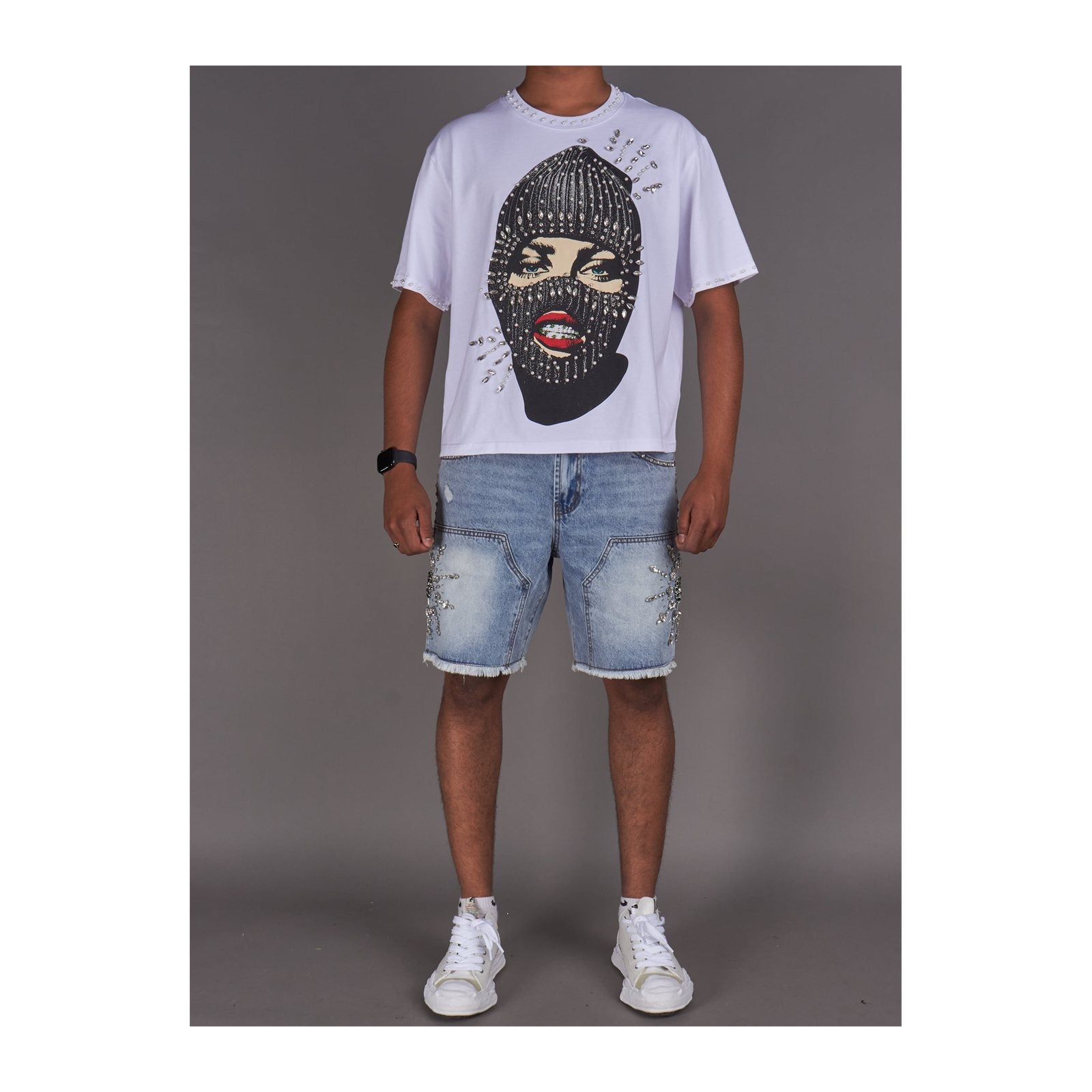 politics lew rhinestone ski mask tee white