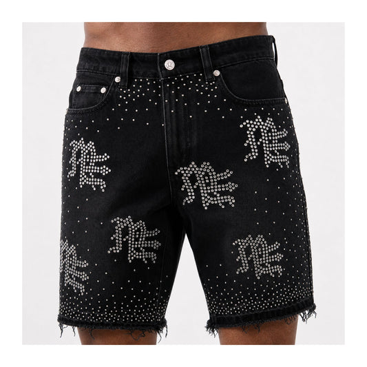 Mixed Emotion "ME" Rhinestone Denim Short — Black