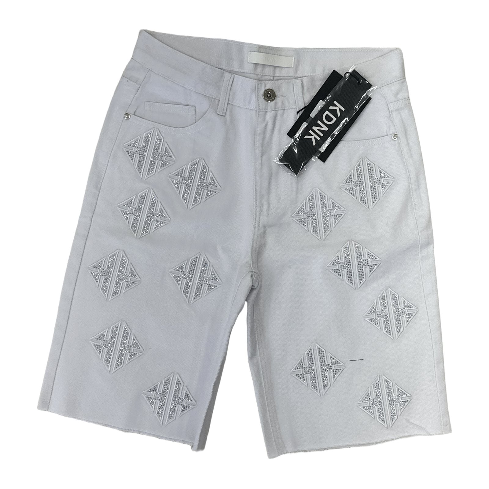 KDNK Rhinestone Diamond Denim Short — White, view 3