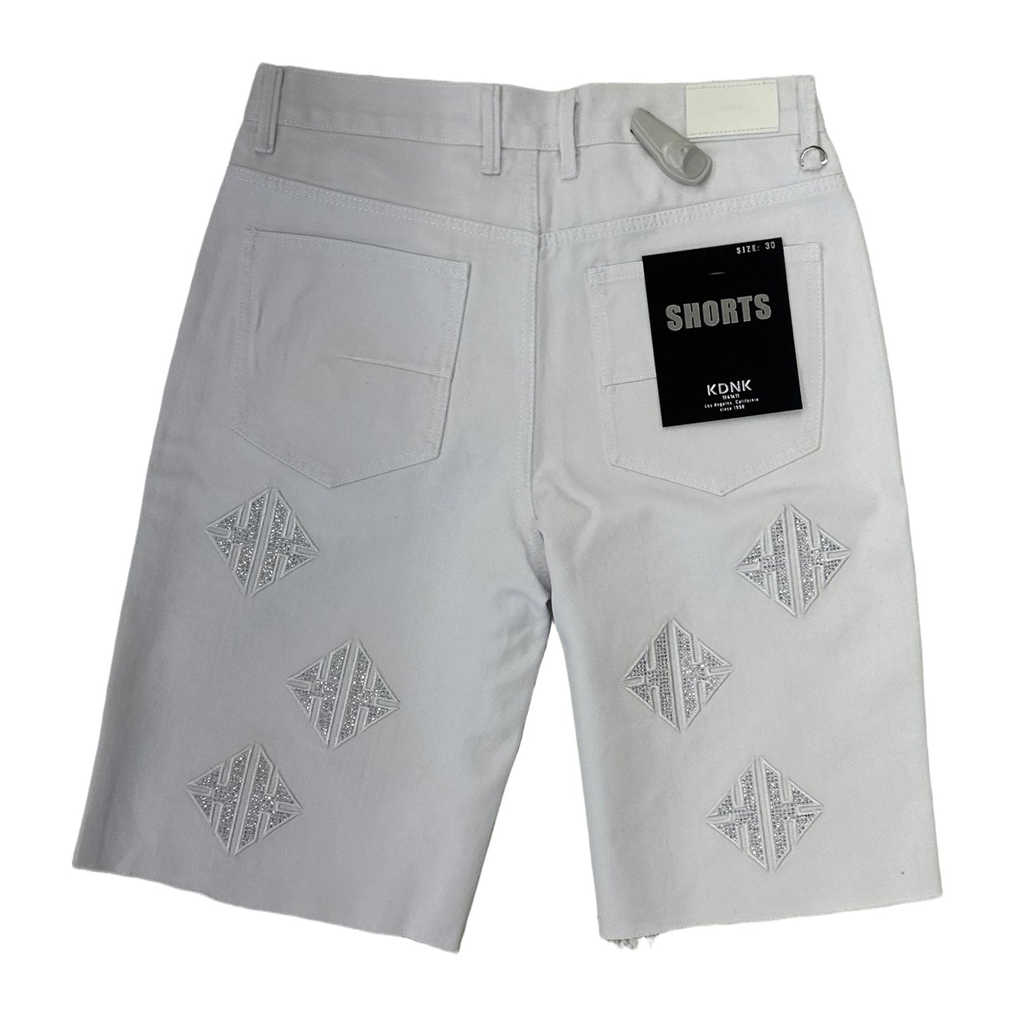 KDNK Rhinestone Diamond Denim Short — White, view 6