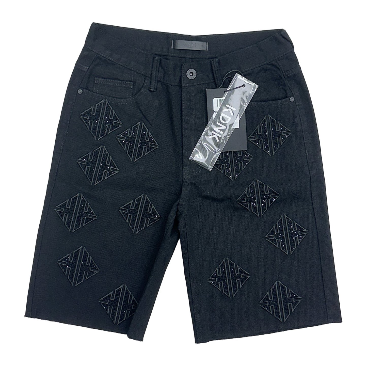 KDNK Rhinestone Diamond Denim Short — Black, view 5