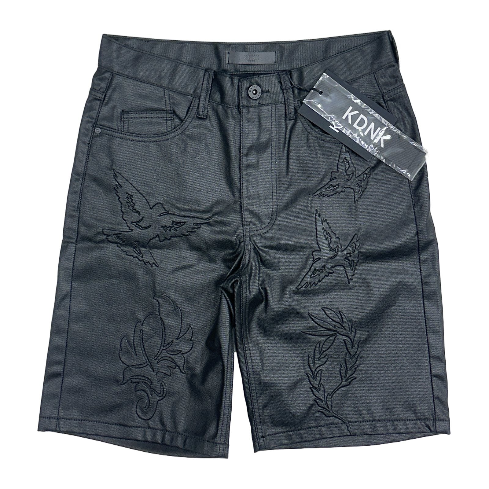 KDNK Coated Denim Embroidered Short — Black, view 3