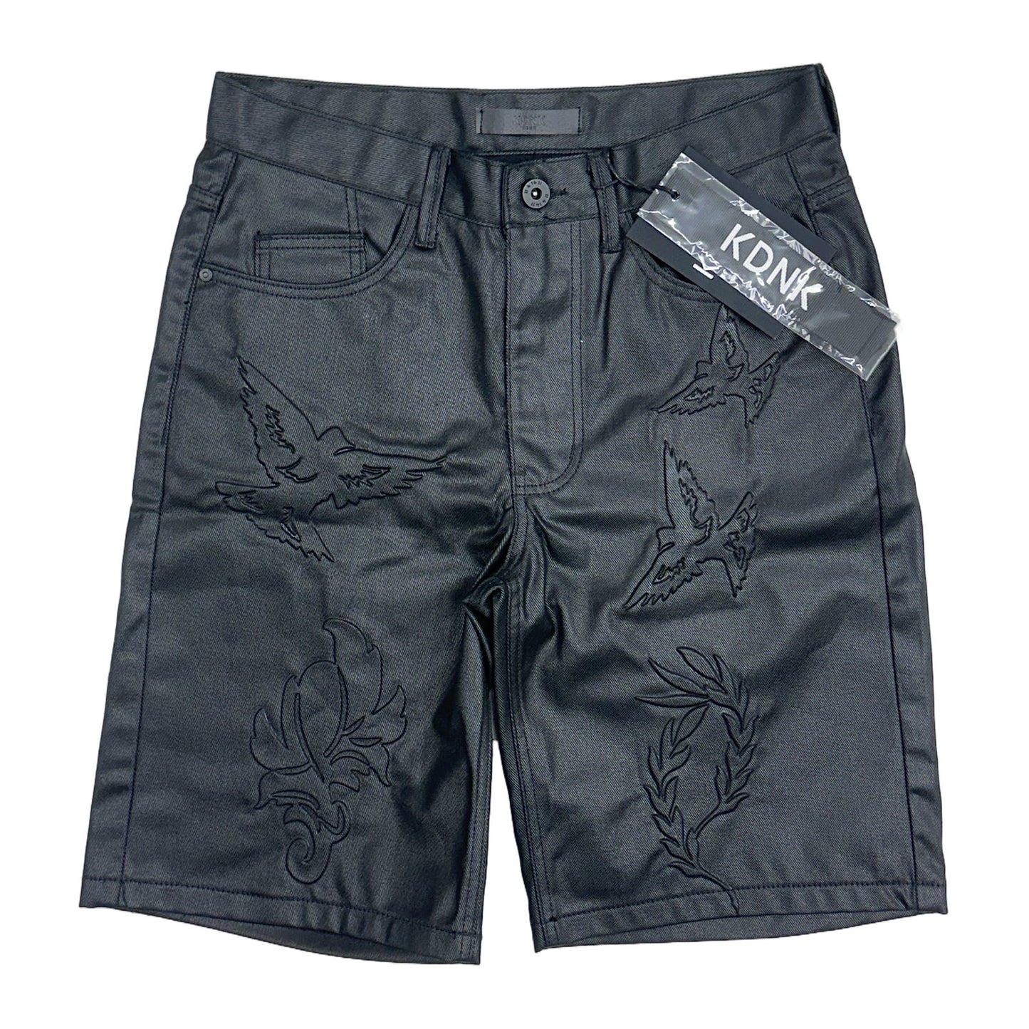 KDNK Coated Denim Embroidered Short — Black, view 7