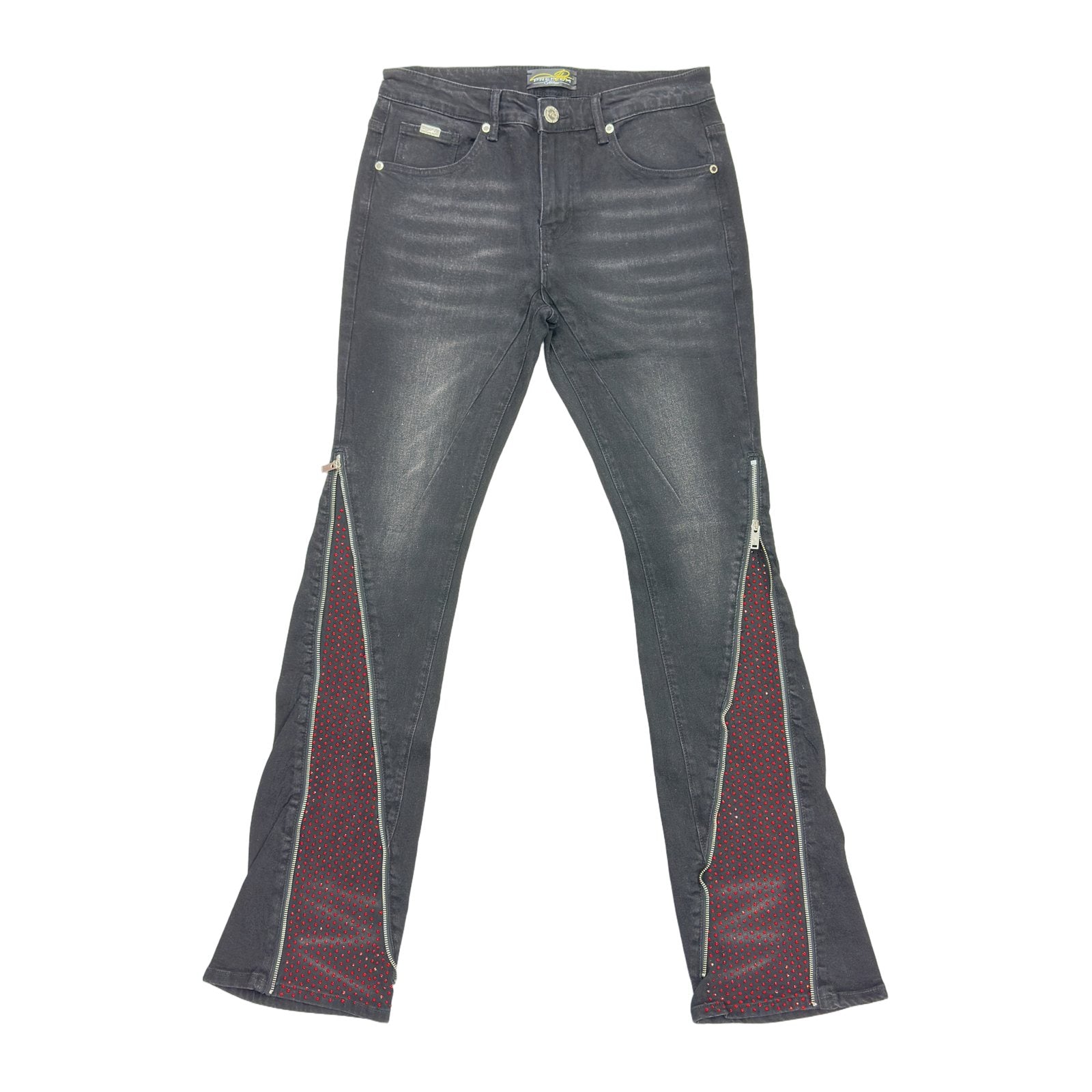 Premium Milana Zip-Flare Jean — Black with Red Rhinestone