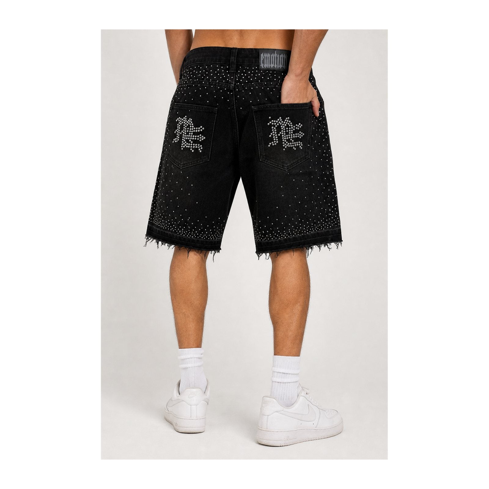 Mixed Emotion "ME" Rhinestone Denim Short — Black, view 8