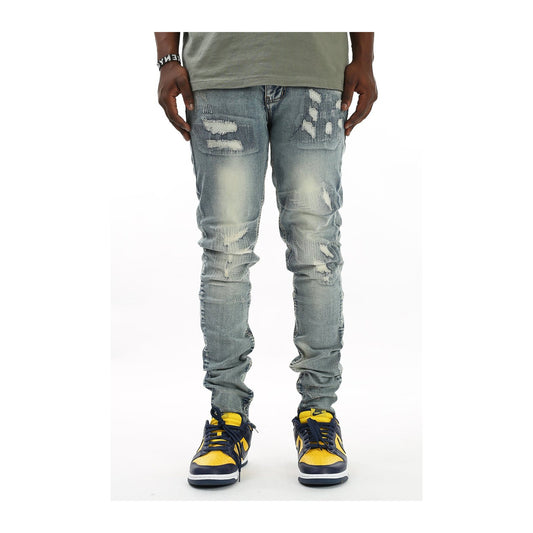 KDNK All-Over Stitch Ankle Zip Denim — Light Blue