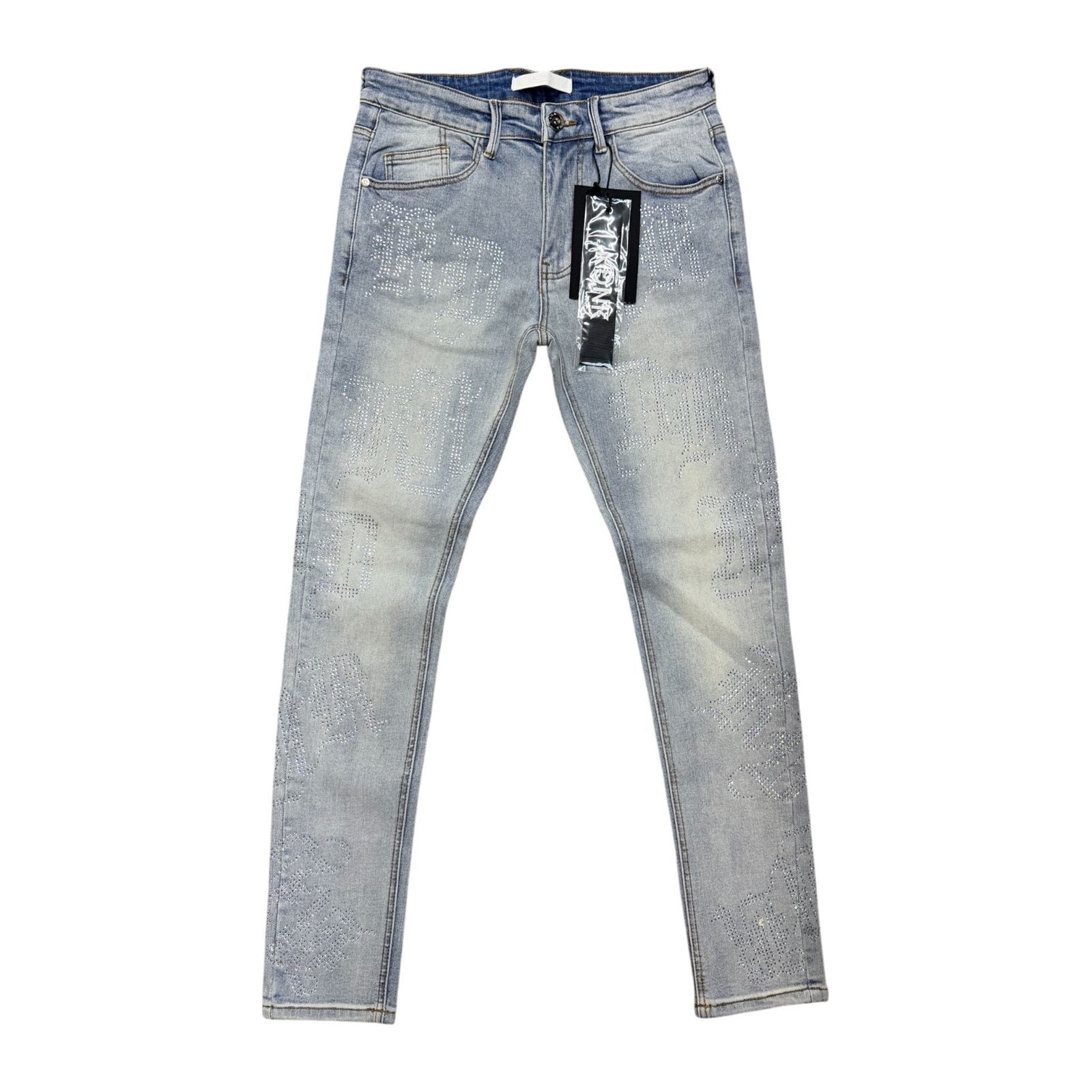 KDNK Rhinestone Lettering Jean — Light Blue