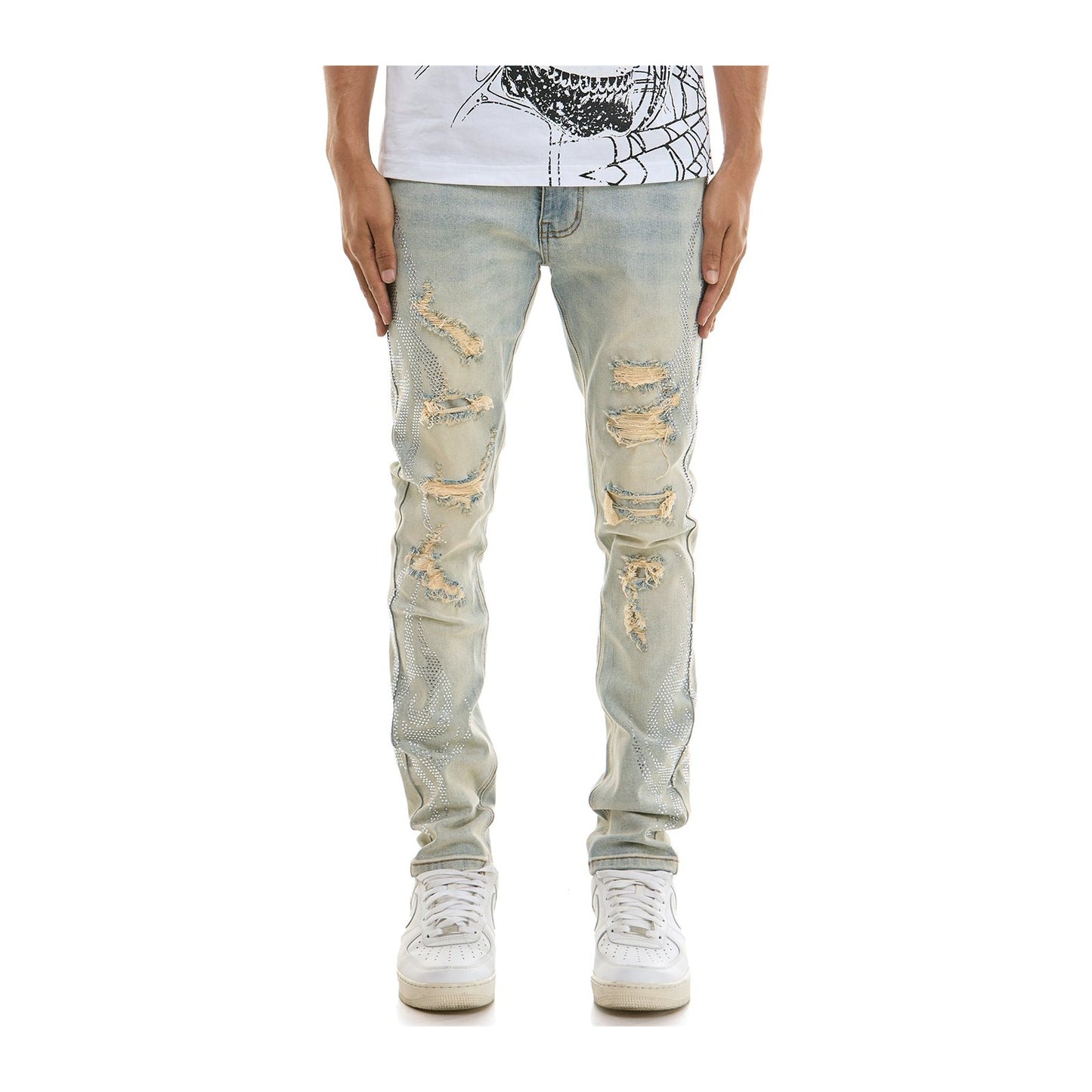 KDNK Tribal Rhinestone Skinny Jean — Light Blue