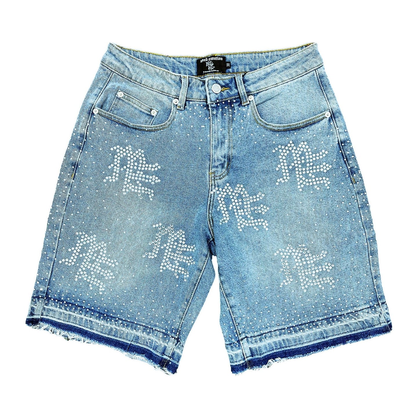 Mixed Emotion Rhinestone Star Denim Short — Light Blue