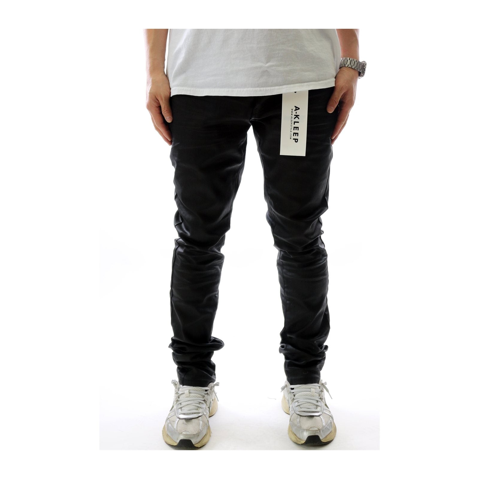 Kleep "Collins" Wax Coated Skinny Denim — Black, view 2